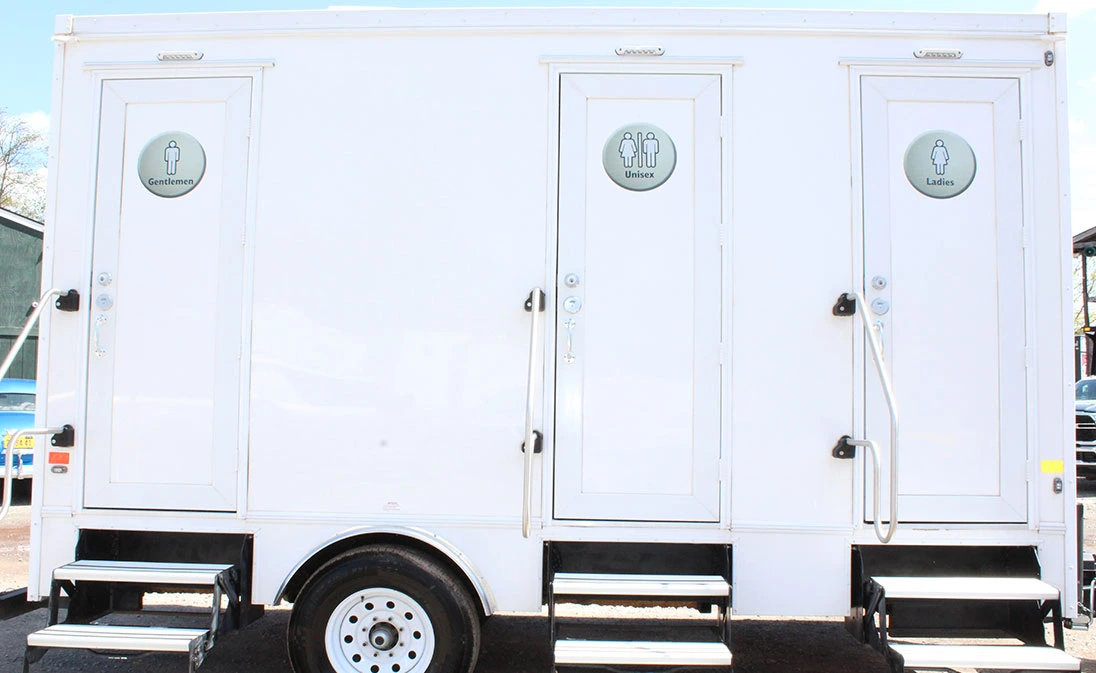 A luxury portable restroom trailer for a Poconos wedding